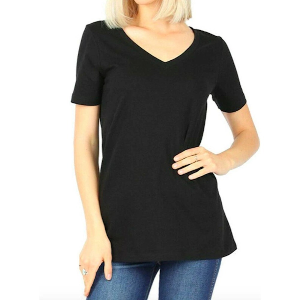 Daily Ritual Women's Short Sleeve V Neck Loose Fit Pullover T-Shirt Black Size S